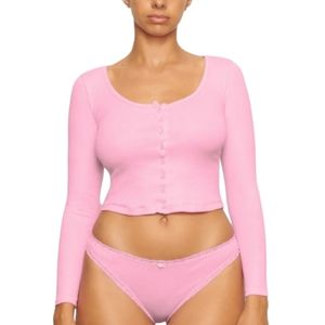 Skims Lace Pointelle Logo Henley Top Size Large